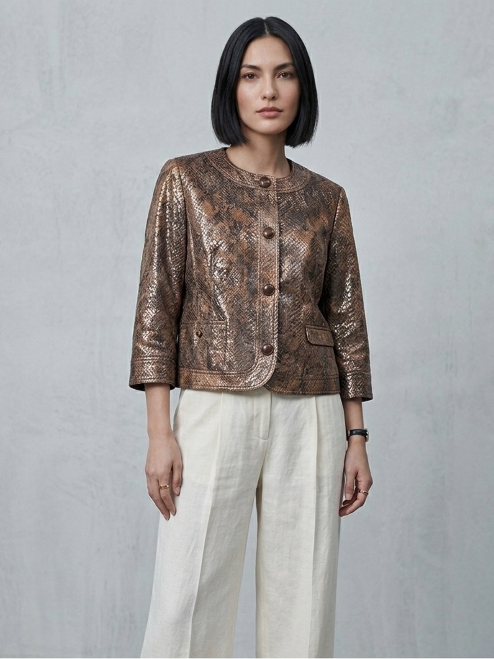 TanJay Womens 12 Metallic Bronze Snakeskin Jacket 3/4 Sleeve Button Front